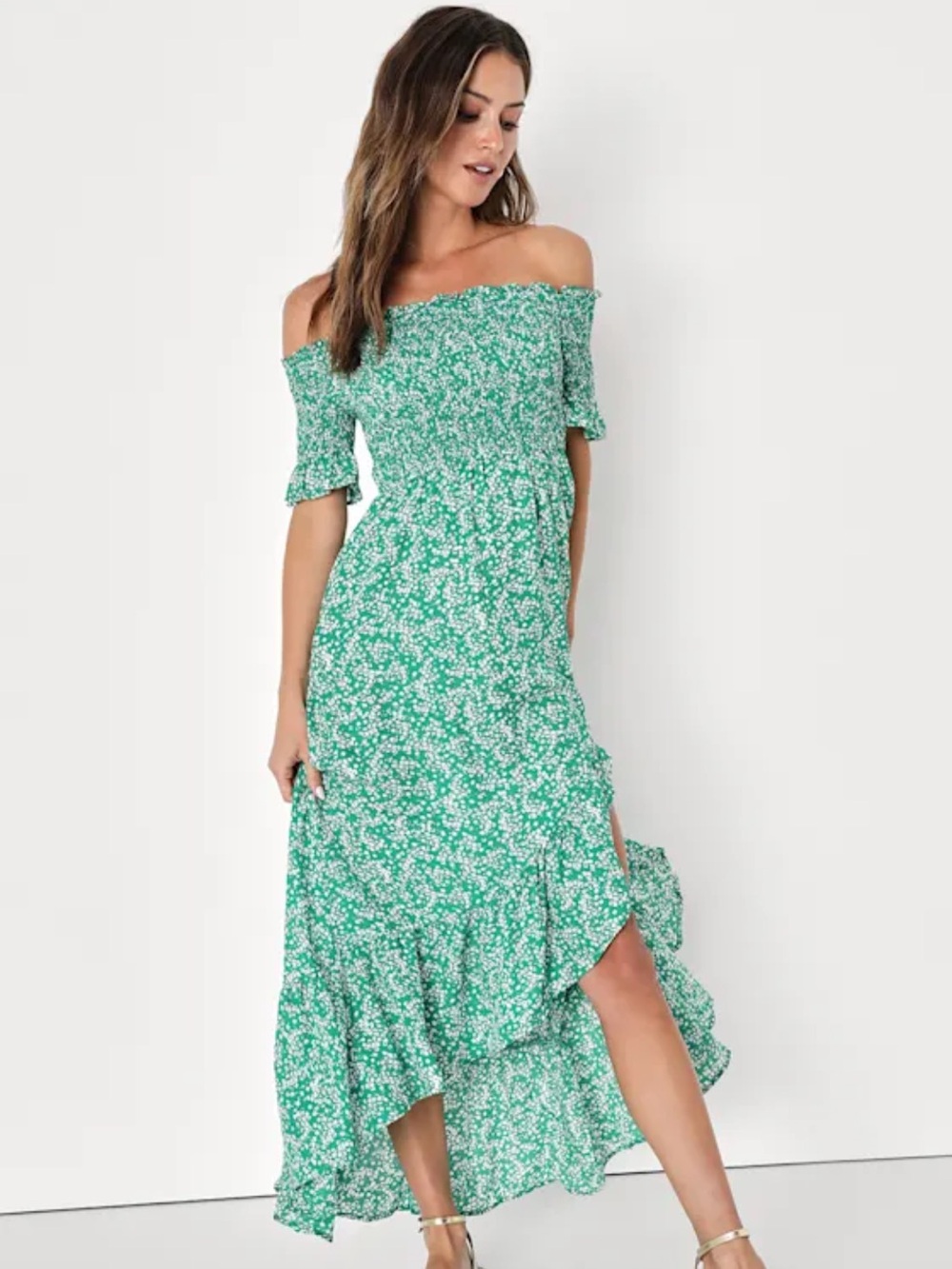 Fleur-tation Green Floral Print Off-the-Shoulder
Midi Dress